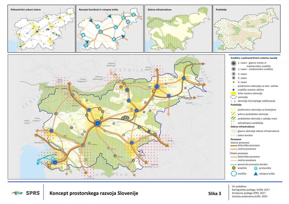 Na zemljevidu prikazan policentrični urbani sistem, razvojni koridorji in vstopne točke, zelena infrastruktura in podeželje