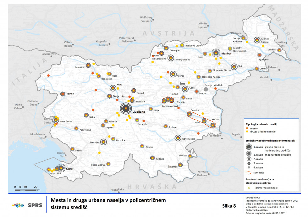Na zemljevidu Slovenije prikazana tipologija urbanih naselij in središča v policentričnem sistemu naselij