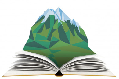 Logotip v ozadju gore in spredaj knjiga
