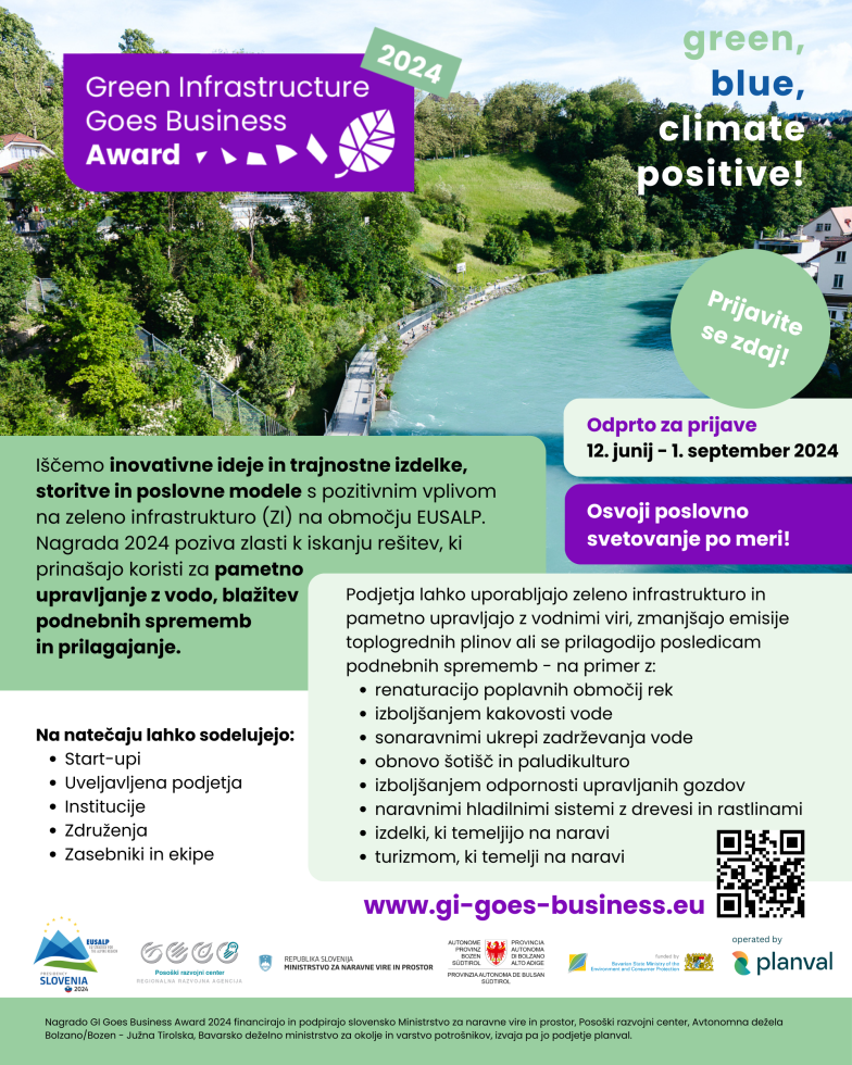 Letak nagrade Green Infrastructure Goes Business Award 2024 z osnovnimi informacijami za prijavo
