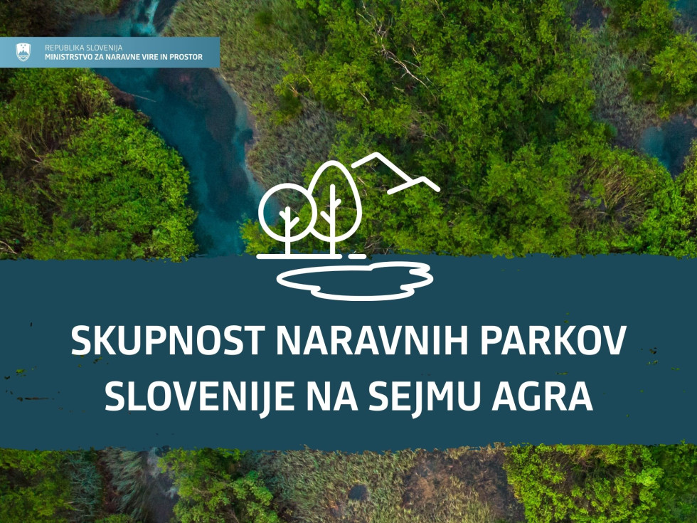 Fotografija gozda in reke iz zraka z napisom skupnost naravnih parkov na sejmu agra