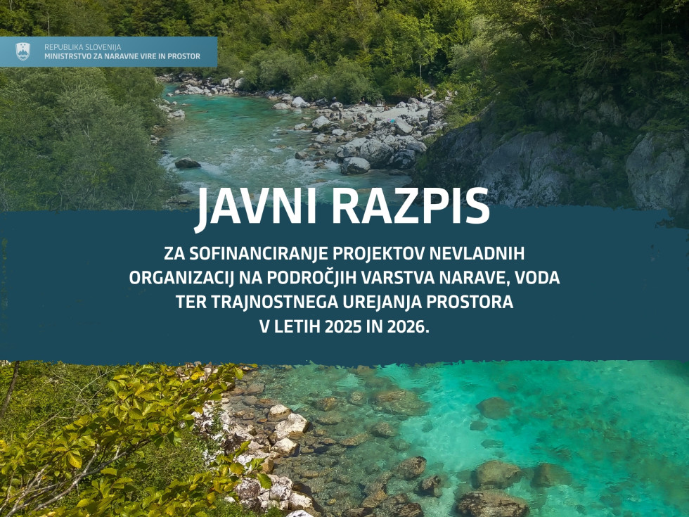 Grafika z napisom javni razpis, v ozadju fotografija reke v naravnem okolju