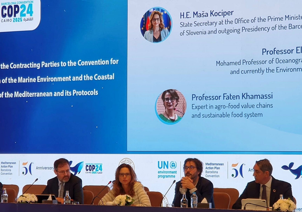 Državna sekretarka Maša kociper sedi za mizo z ostalimi udeleženci zasedanja Barcelonske konvencije