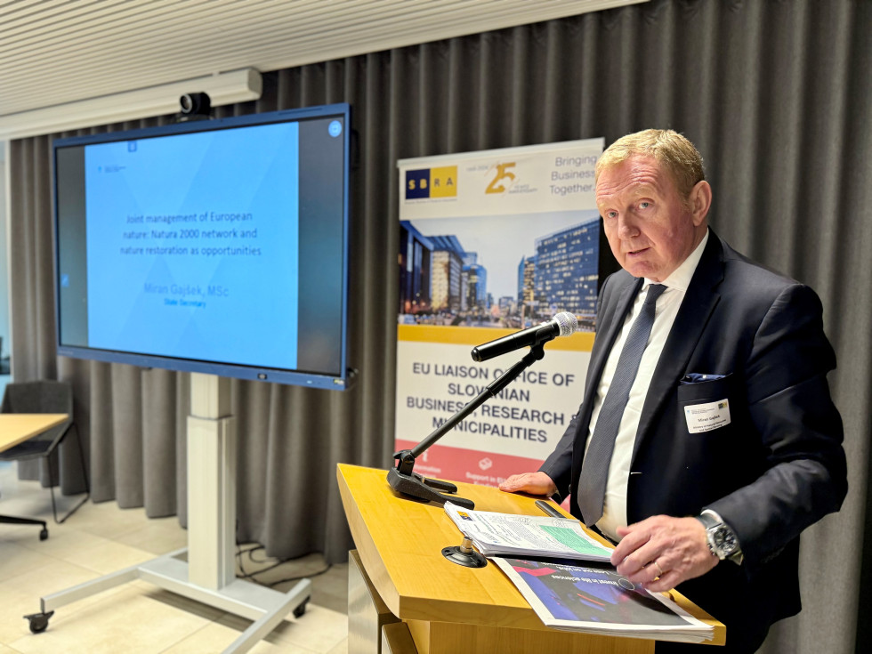 Magister Miran Gajšek za govornico, na njegovi levi projekcija