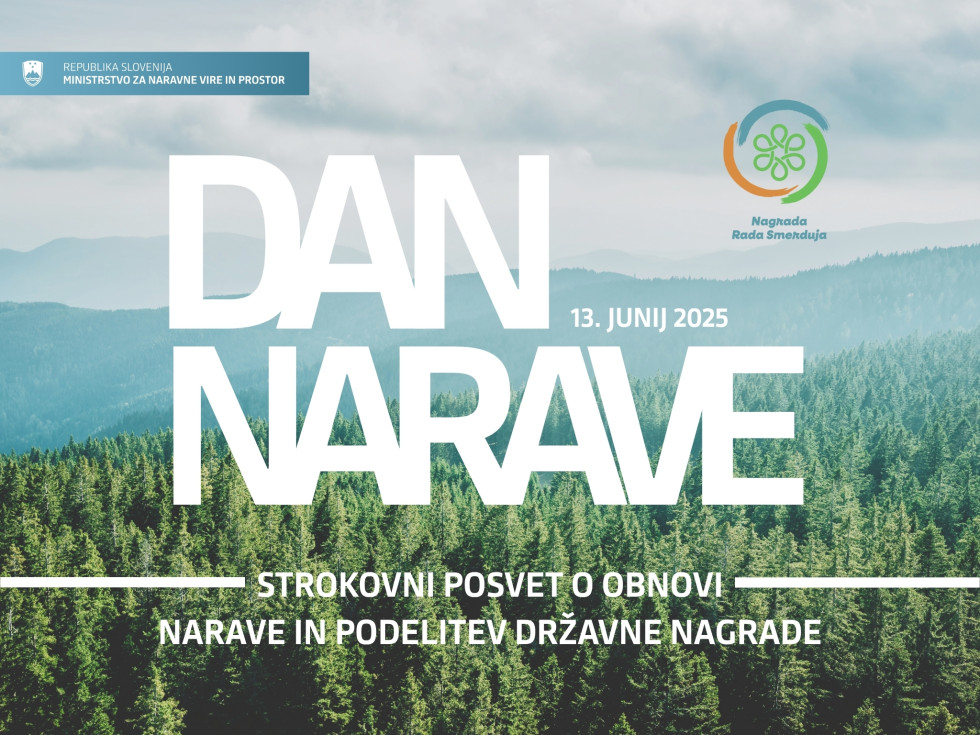Grafika s fotografijo gozda in hribovja v ozadju in napisom Dan narave, strokovni posvet in podelitev državne nagrade