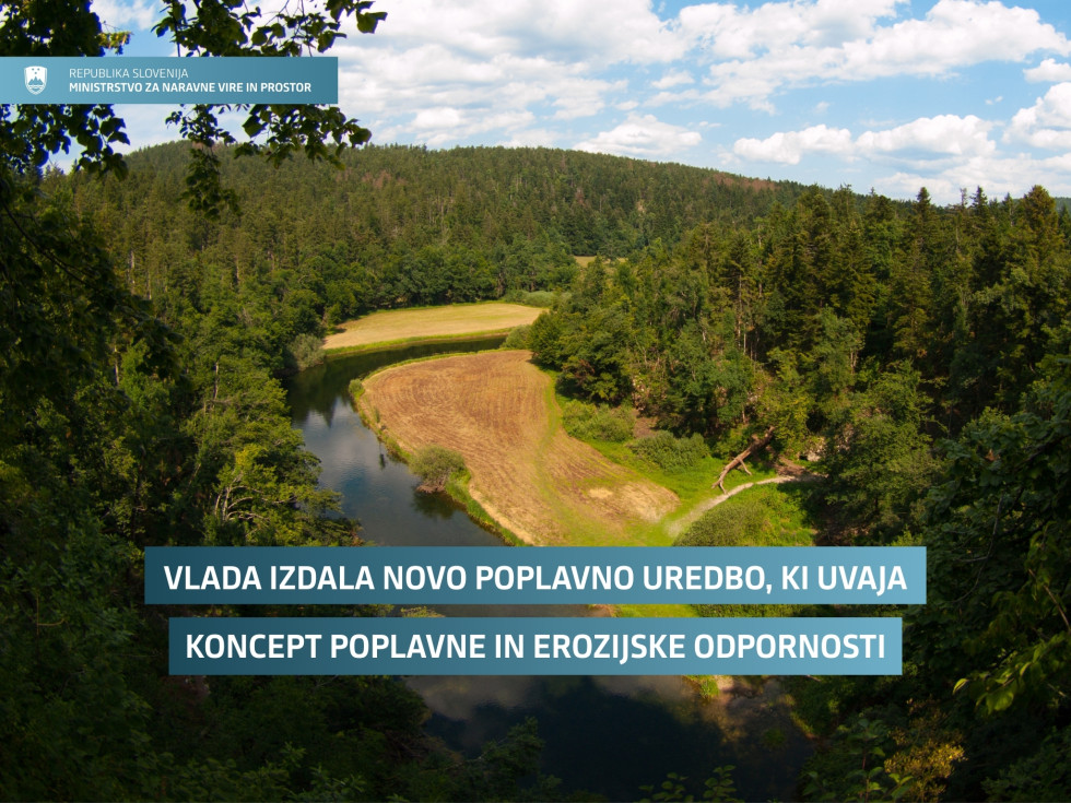Grafika s podoboo vodotoka v naravi in napisom, da je vlada izdala novo poplavno uredbo