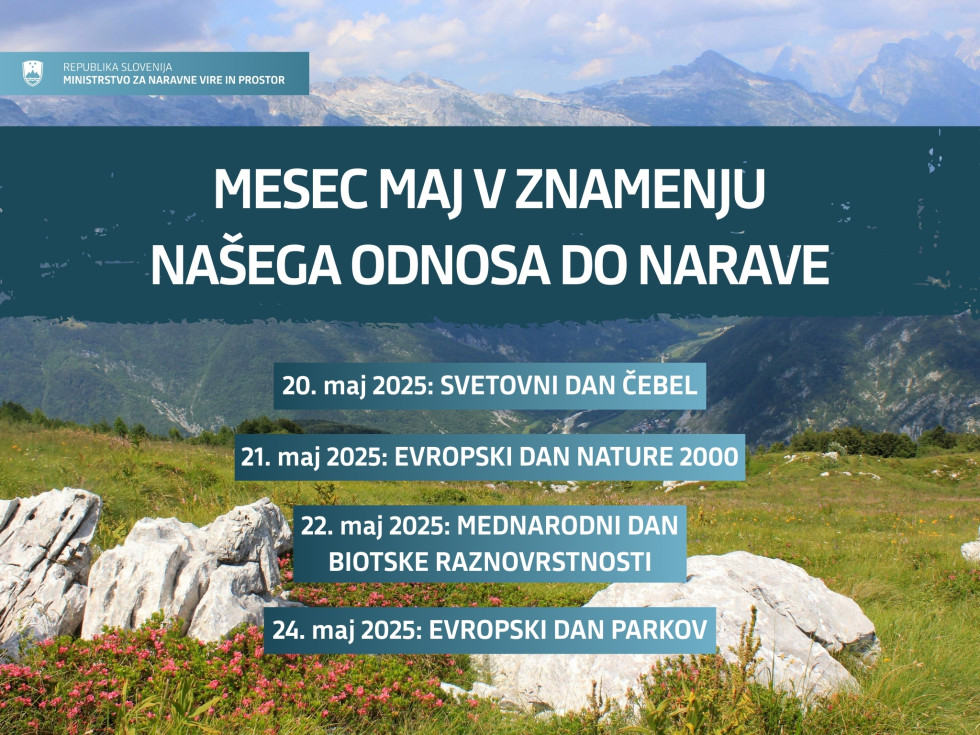 Grafika s fotografijo gorske narave in napisom Mesec maj v znamenju našega odnosa do narave