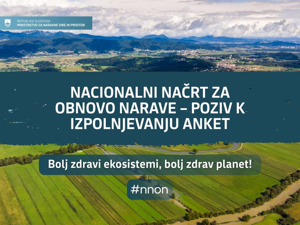 Fotografija Ljubljanskega barja z napisom Nacionalni načrt za obnovo narave - poziv k izpolnjevanju anket