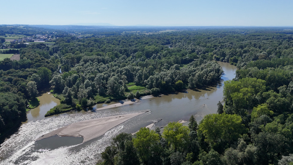 Fotografija iz zraka - v ospredju nasip na reki Muri, ob obeh bregovih se vije gozd