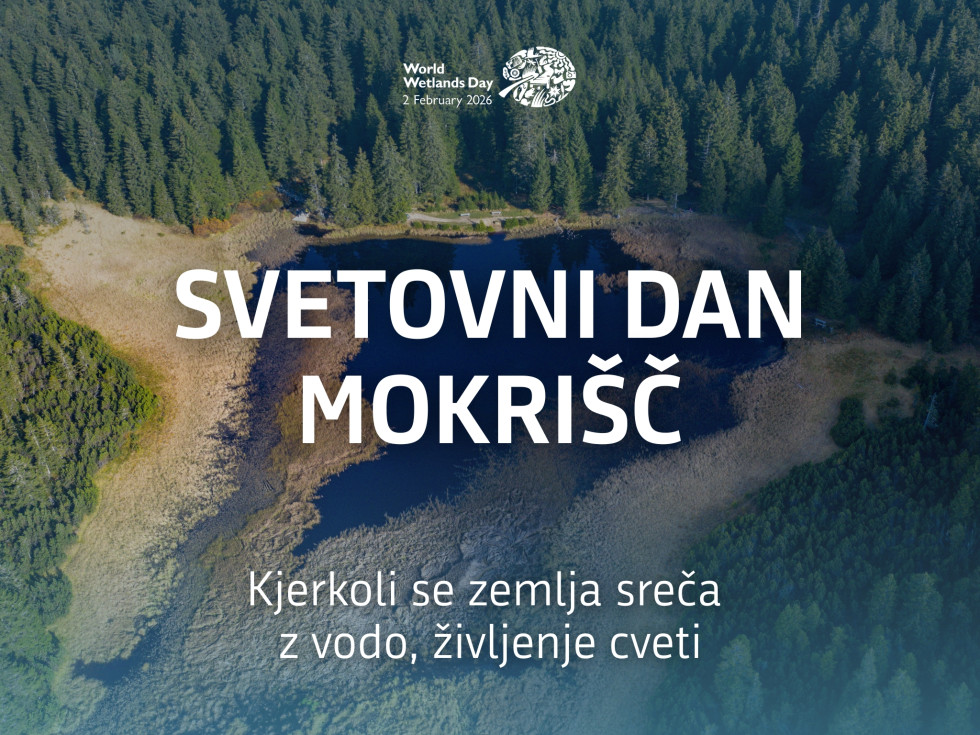 Črno jezero na Pohorju fotografirano iz zraka, preko napis Svetovni dan mokrišč
