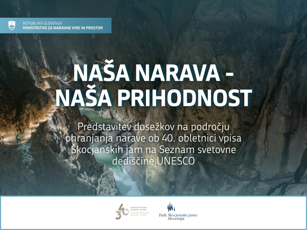 Fotografija dvorane v Škocjanskih jamah z napisom Naša narava - naša prihodnost