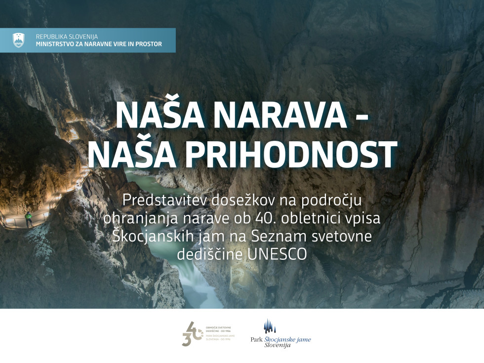 Fotografija dvorane v Škocjanskih jamah z napisom Naša narava - naša prihodnost