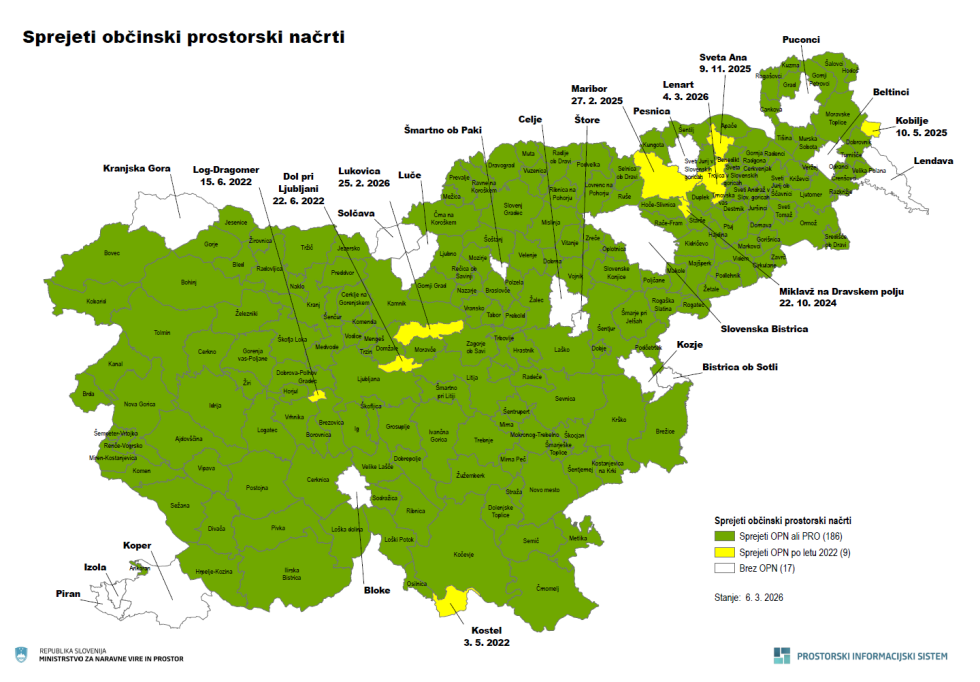 Grafični prikaz sprejetih OPN in občine brez OPN 