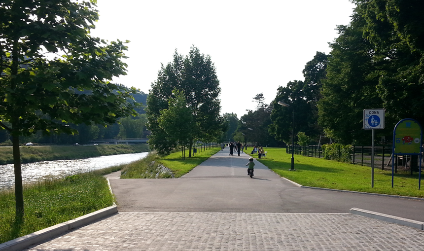 Pot v parku ob reki in ob poti drevesa.