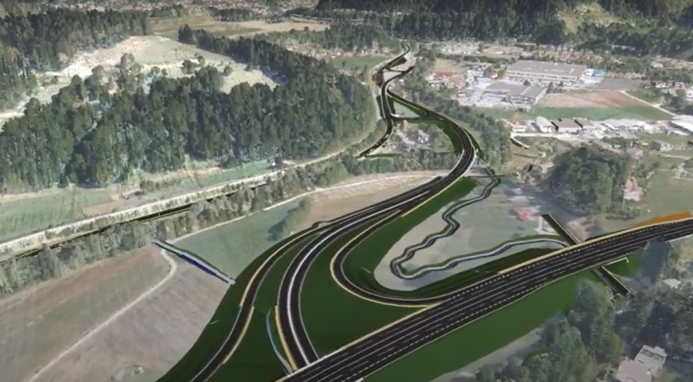 Računalniško izdelana vizualizacija nove ceste iz ptičje perspektive v naravnem okolju.