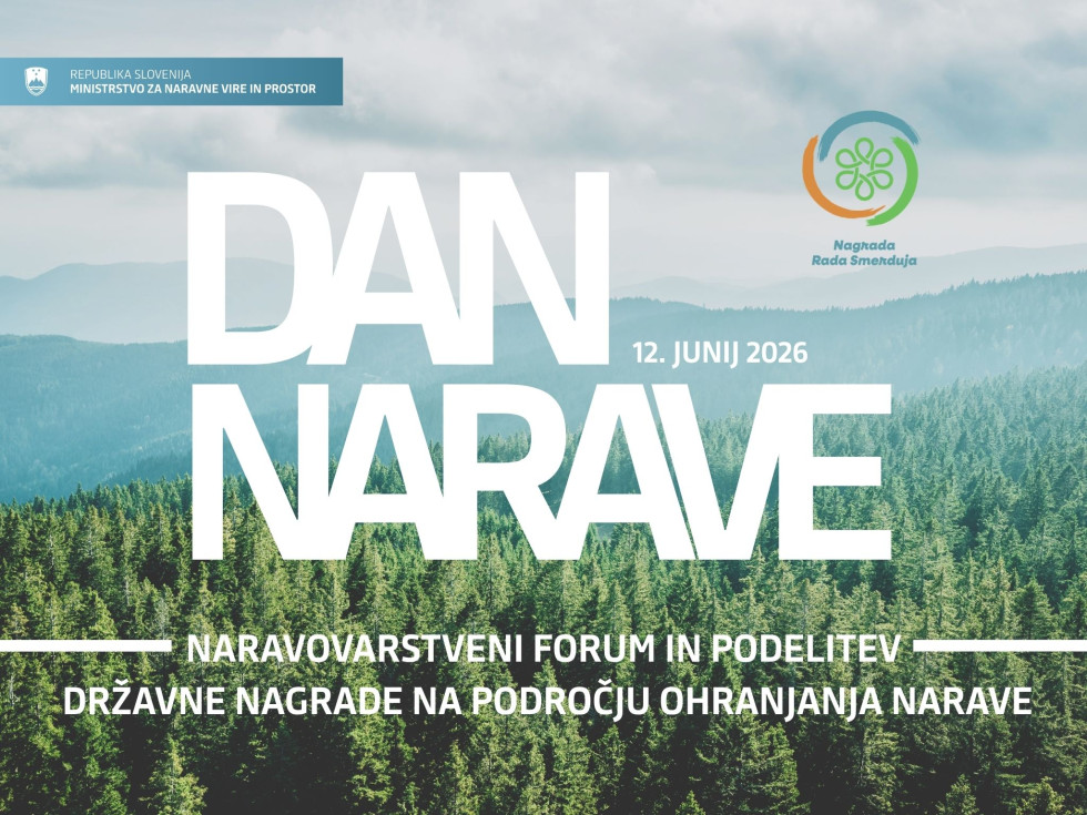 Grafika z napisom dan narave, v ozadju gozd in hribovje