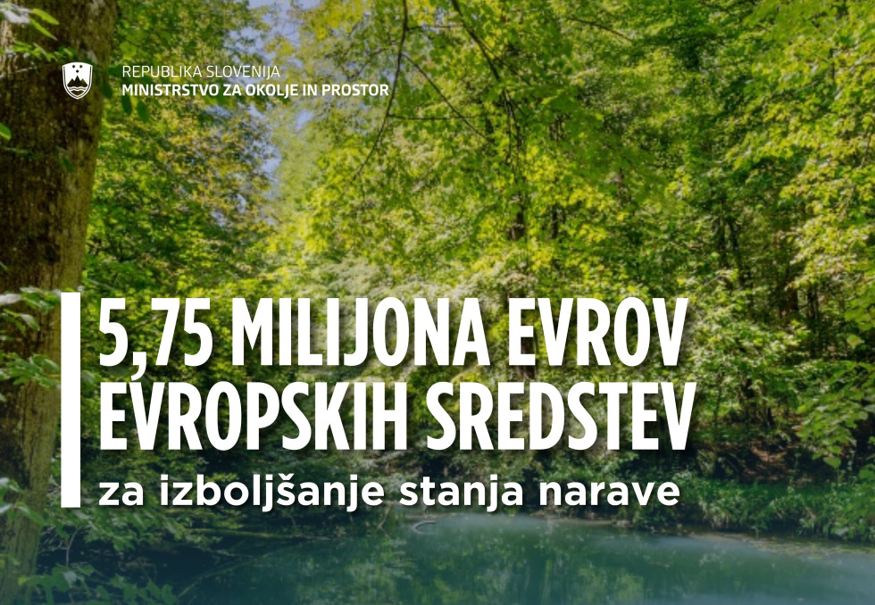 Vodotok Lahinja, v ozadju gozd, spredaj napis 5,75 milijona evropskih sredstev