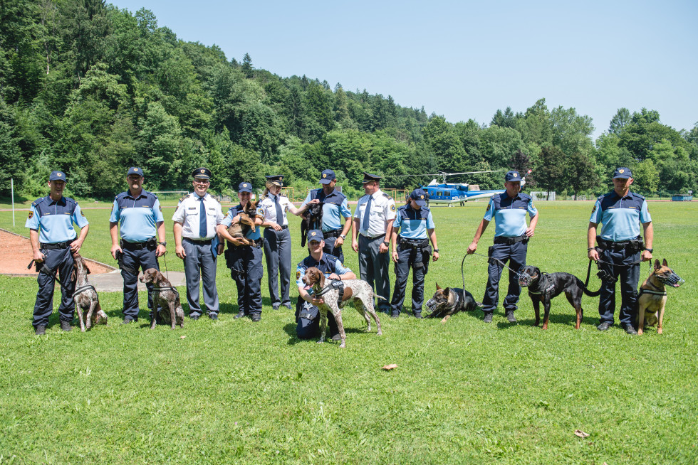 Vodniki službenih psov policije s svojimi psi na travniku.