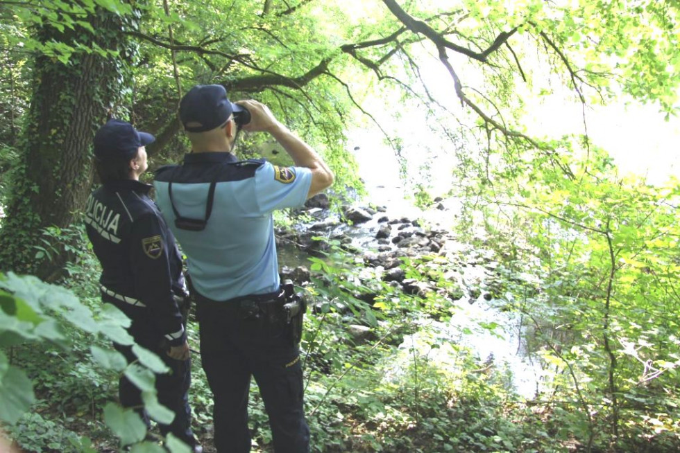 Policista med nadzorom meje, v gozdu, policist gleda skozi daljnogled