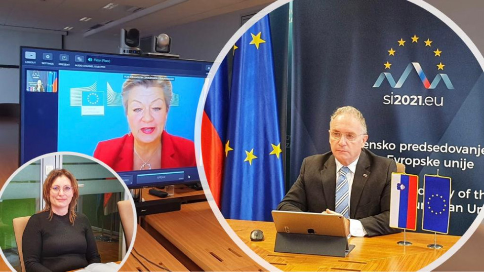 Nacionalna koordinatorica za boj proti trgovini z ljudmi Tina Princes Damjanovič, evropska komisarka Ylva Johansson in minister Aleš Hojs na videokonferenčnem srečanju