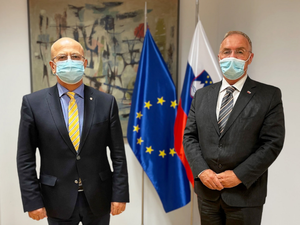  Veleposlanik Ukrajine Mihajlo Brodovič in minister za notranje zadeve Aleš Hojs stojita pred slovensko in zastavo EU