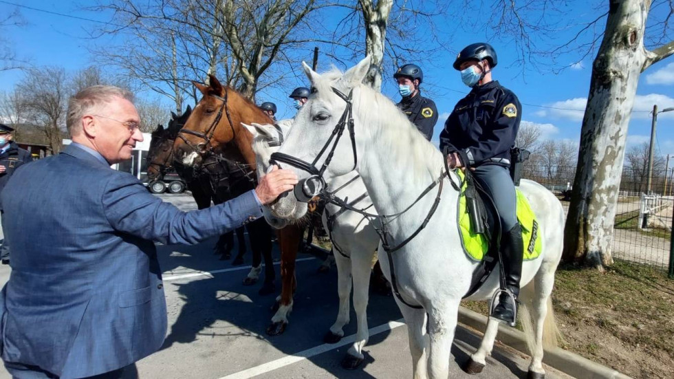Minister Aleš Hojs je pobožal belega policijskega konja.