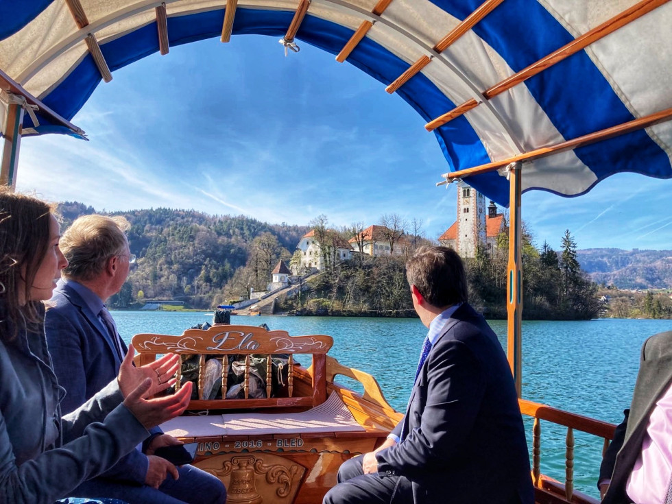 With traditional pletna to the Bled Island. A wiev from the boat to the island
