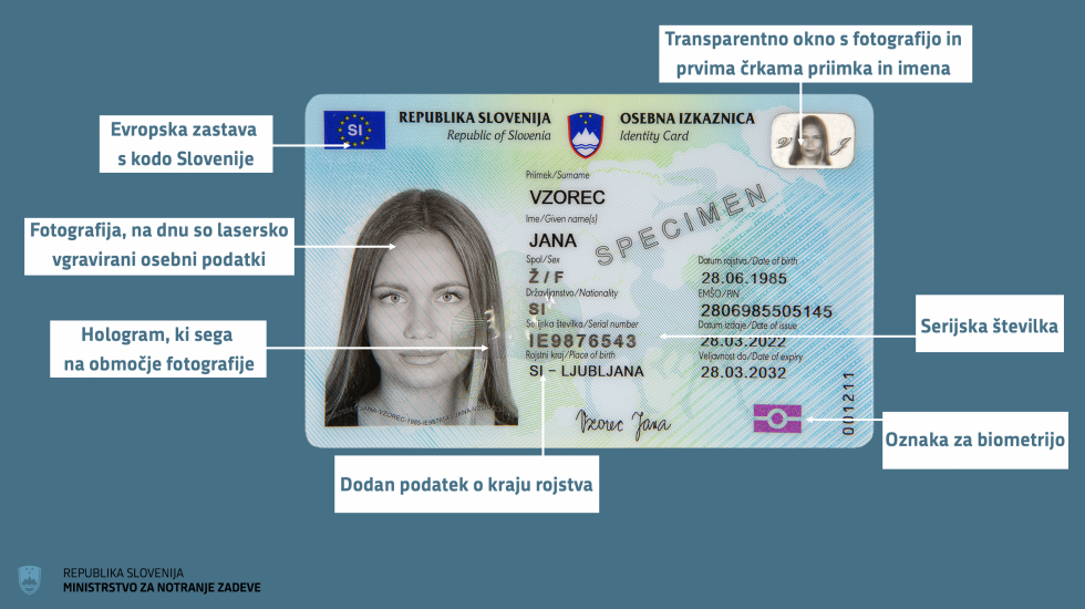 Biometrična osebna izkaznica sprednja stran z označenimi dodatnimi in varnostnimi elementi