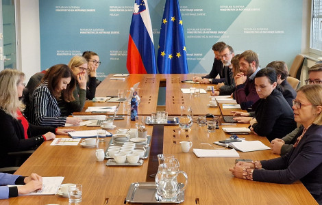 Zbrane je na začetku sestanka nagovorila ministrica Sanja Ajanović Hovnik (Participants sitting at a large table and listening, with the Slovenian and European flags in the background)