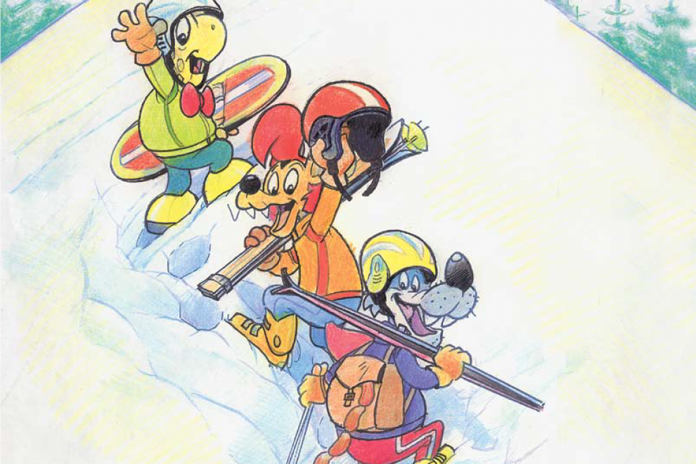 Ilustracija Mikija Mustra. Na njej v zimski opremi (smuči in čelada) Lakotnik, Zvitorepec in Trdonja gazijo v snegu na hrib.