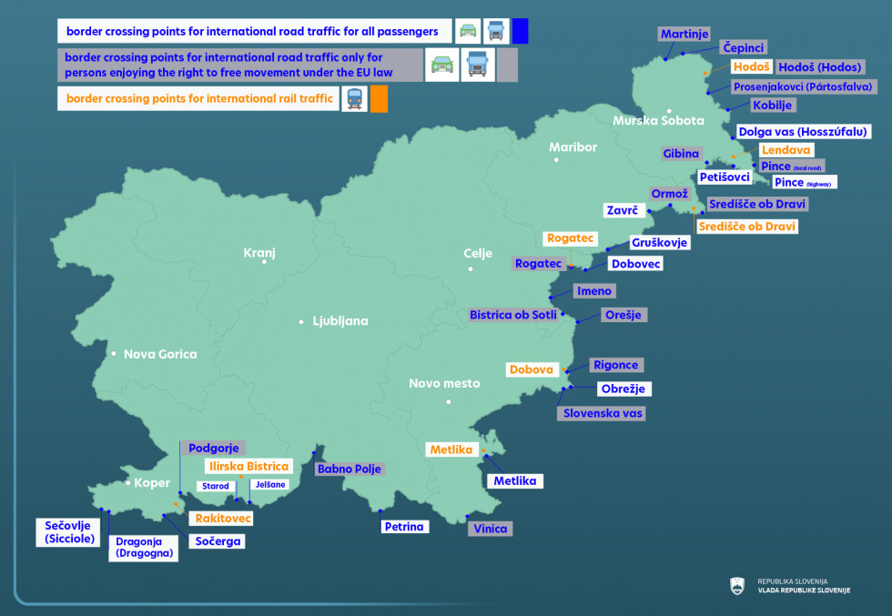 Map of Slovenia with marked border crossings on the border with Croatia and Hungary where border can be crossed.