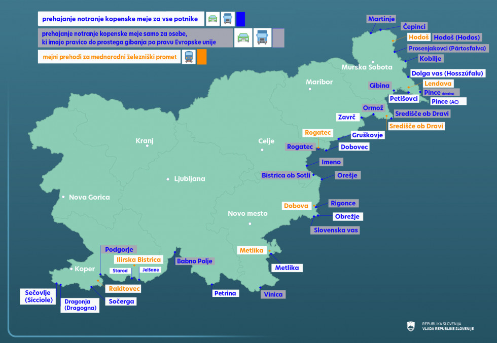 Zemljevid Slovenije z označenimi mejnimi prehodi s Hrvaško in Madžarsko, kjer lahko prehajamo mejo.