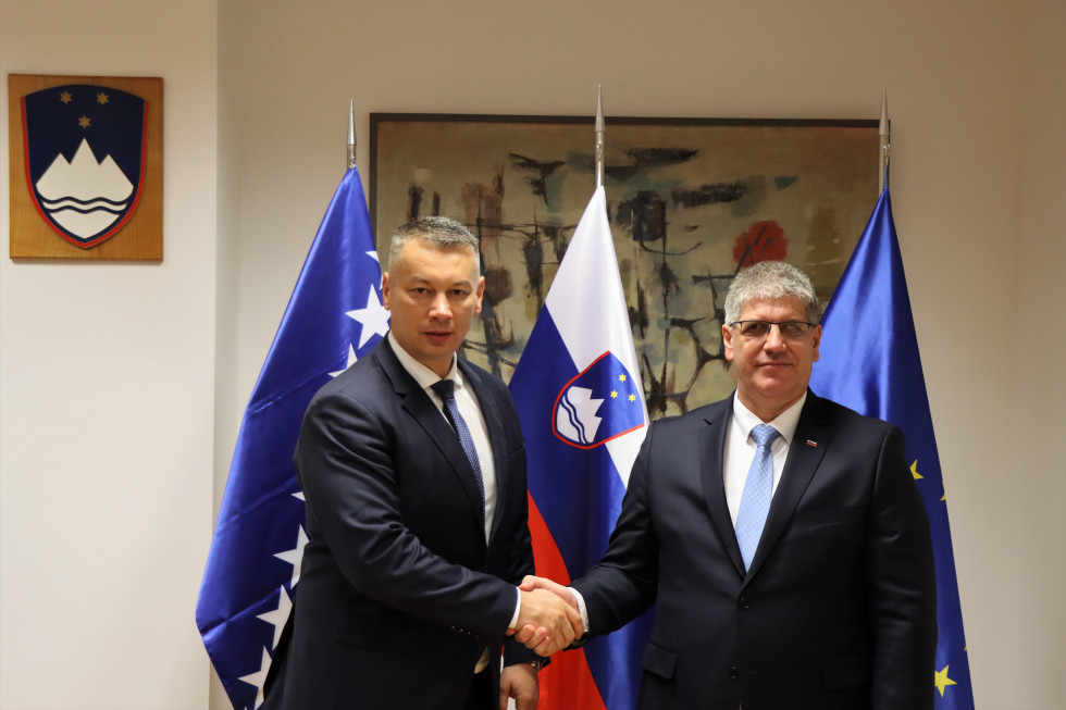 Nenad Nešić and Boštjan Poklukar stand in front of the flags and shake hands. Behind them is an artistic painting in brown tones and flags of Bosnia and Herzegovina, Slovenia and the European Union.