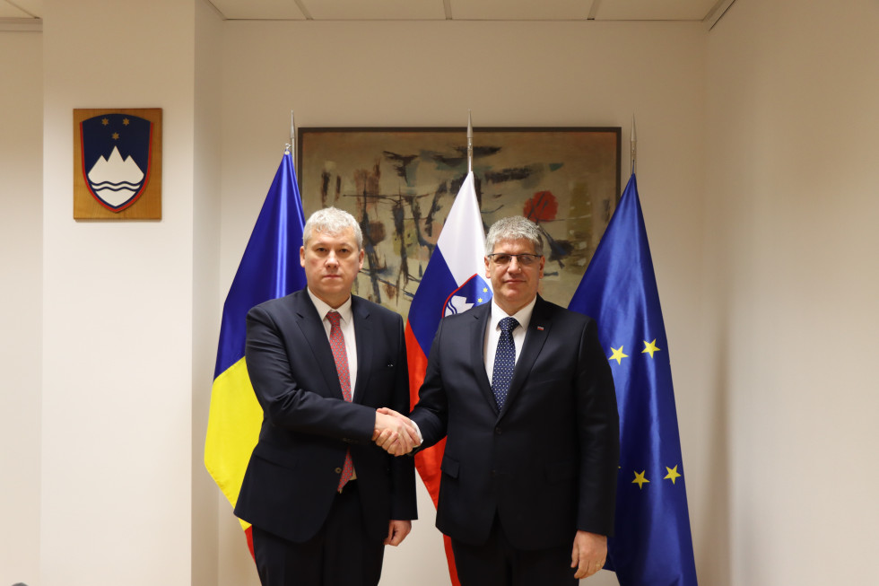 Romanian and Slovenian ministers Marian-Cătălin Predoiu and Boštjan Poklukar shake hands. They are standing in front of flags and an art painting. Both are in dark suits, shaking hands and looking into the lens.