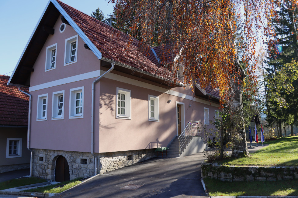 Roza hiša z belo črto, okrog nje je asfaltiran dovoz in travnata površina ter drevje.