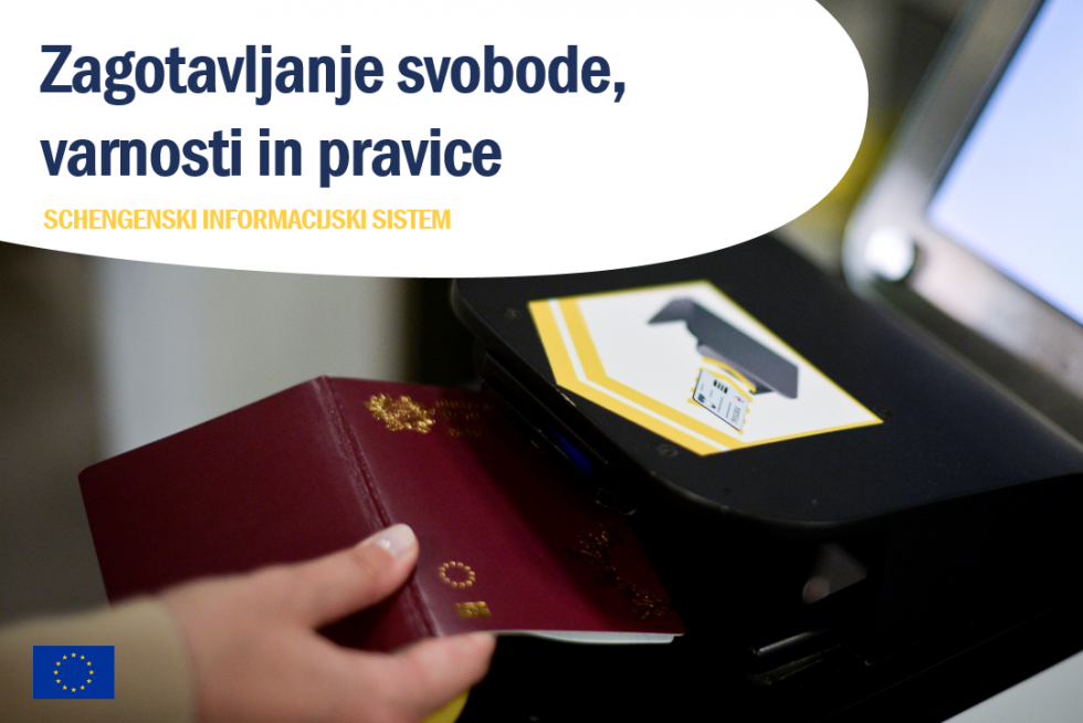 Roka drži rdeč potni list pod napravo - čitalnikom. Zgoraj levo napis: Schengenski informacijski sistem: zagotavljanje svobode, varnosti in pravice.
