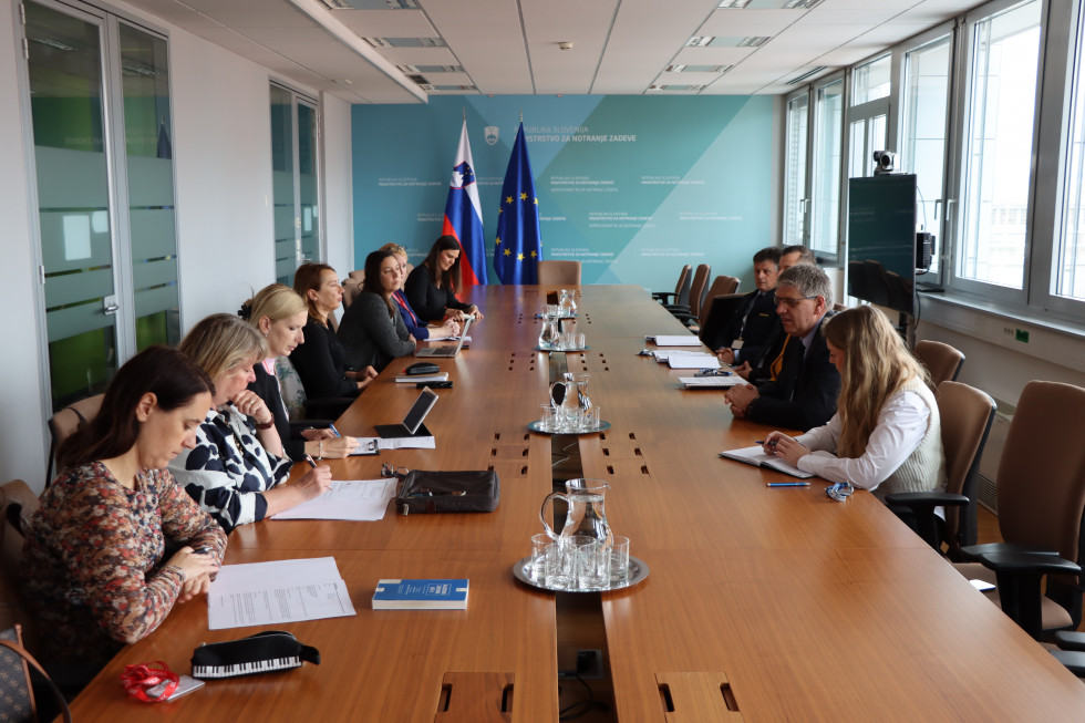 Člani delovne skupine sedijo za pravokotno rjavo mizo, na levi bela stena in vrata, na desni okna, naravnost modro ozadje in zastavi Slovenije in Evropske unije