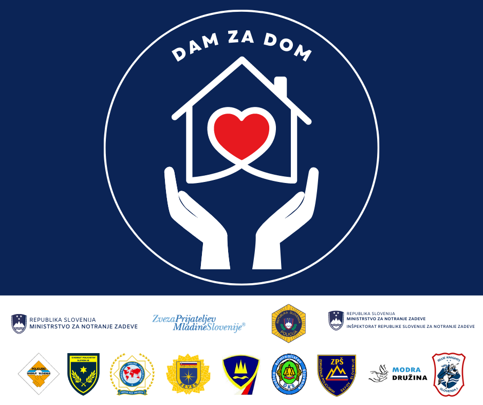 Na modri podlagi je hiša z rdečim srcem, stoji na rokah, ki to hišo podpirata, spodaj na beli podlagi so logotipi ministrstva, policije, inšpektorata, policijskih sindikatov, stanovskih organizacij in Zveze prijateljev mladine Slovenije