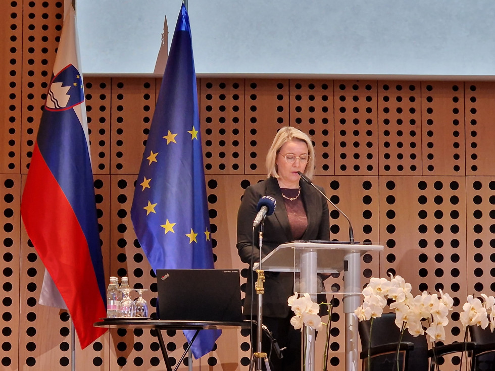 Državna sekretarka stoji za govornico in govori. Za njo je rjava stena in zastavi Slovenije in Evropske unije.