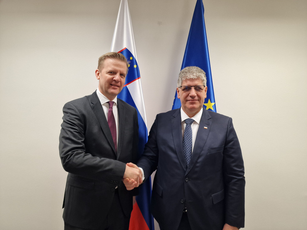 Minister in veleposlanik stojita in se rokujeta, za njima ob beli steni visita slovenska in evropska zastava