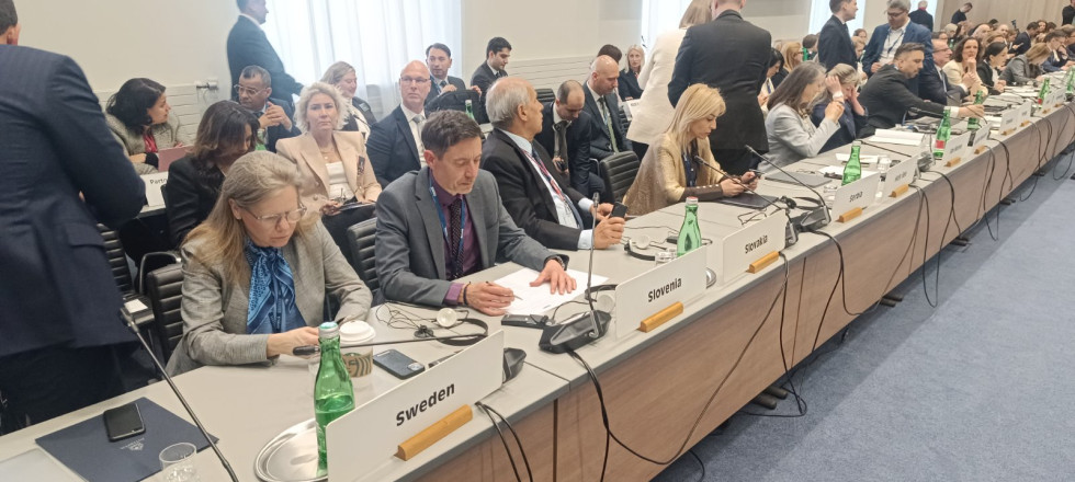 Moški in ženske sedijo za dolgo mizo, na kateri so mikrofoni ter plastenke z vodo.