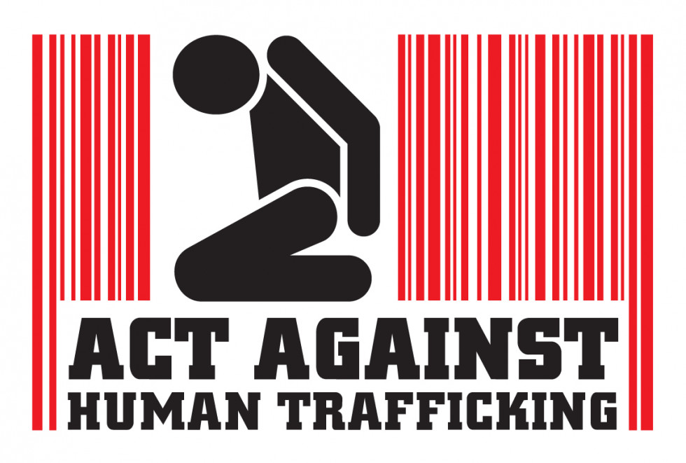 Logo Act against human trafficking. Dark silhuette of a man bent down, red stripes background.