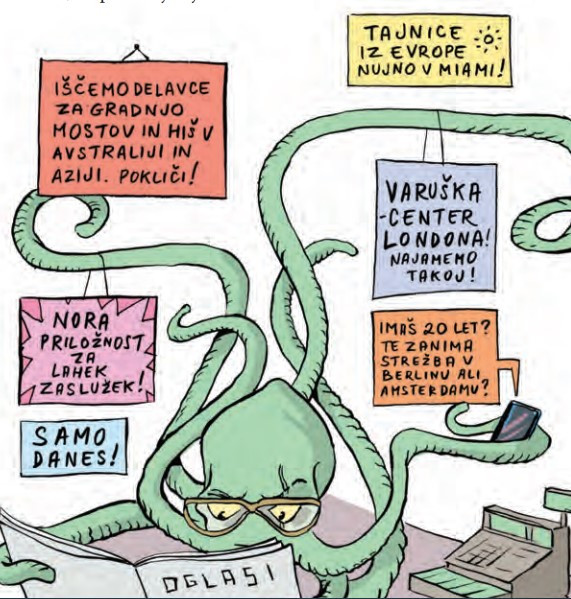 Karikatura hobotnice kot trgovine z ljudmi
