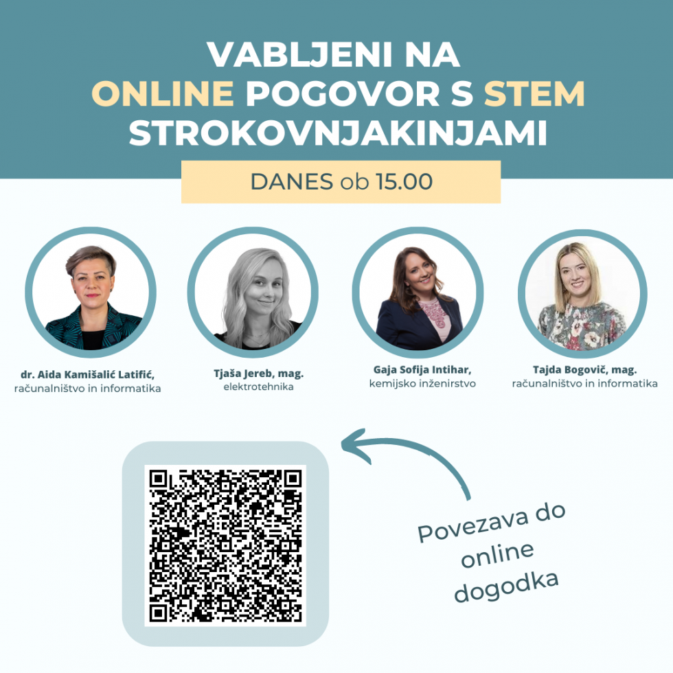 Za srednješolke in srednješolce, za bodoče študentke in študente ter za njihove starše, da bi se skupaj lažje odločili pri izbiri STEM študija, danes ob 15. uri organiziramo srečanje s STEM strokovnjakinjami.   Udeležite se lahko prek povezave http://bitl