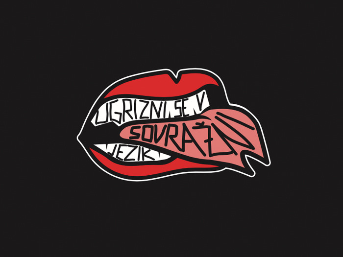 Logotip kampanje - ilustracija ust, ki se ugriznejo v jezik, medtem ko na zobeh in jeziku piše "Ugrizni se v sovražni jezik!"
