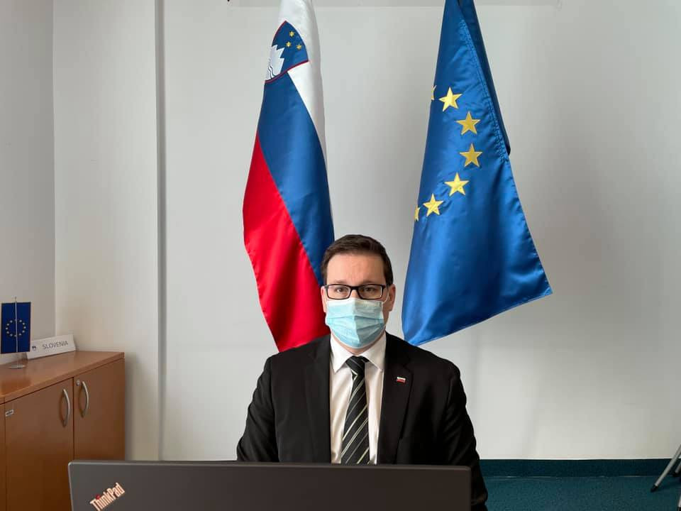 minister sedi pred računalnikom in se na daljavo udeležuje dogodka; v ozadju slovenska in evropska zastava