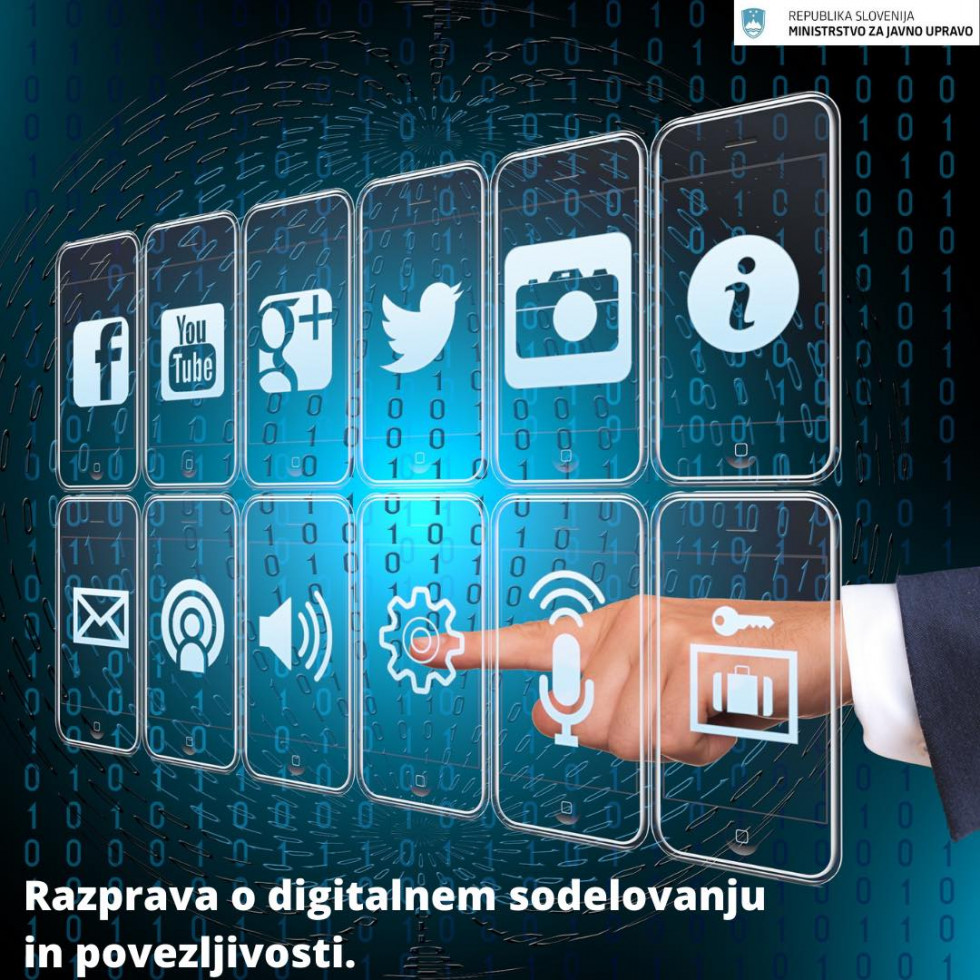 ekran s kvadratki, ikonami za kil (na primer facebook, twitter, nastavitve, zvok...) in prst, ki pritiska