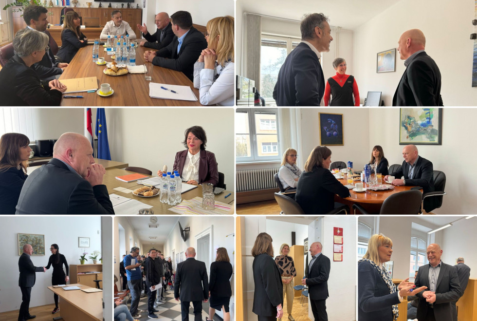 Kolaž fotografij obiskov, delovnih sestankov za mizo, rokovanj z zaposlenimi na upravnih enotah