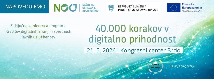 Grafika z napovedjo dogodka v modro-zelenih tonih, ki se prelivajo, z logotipi. 