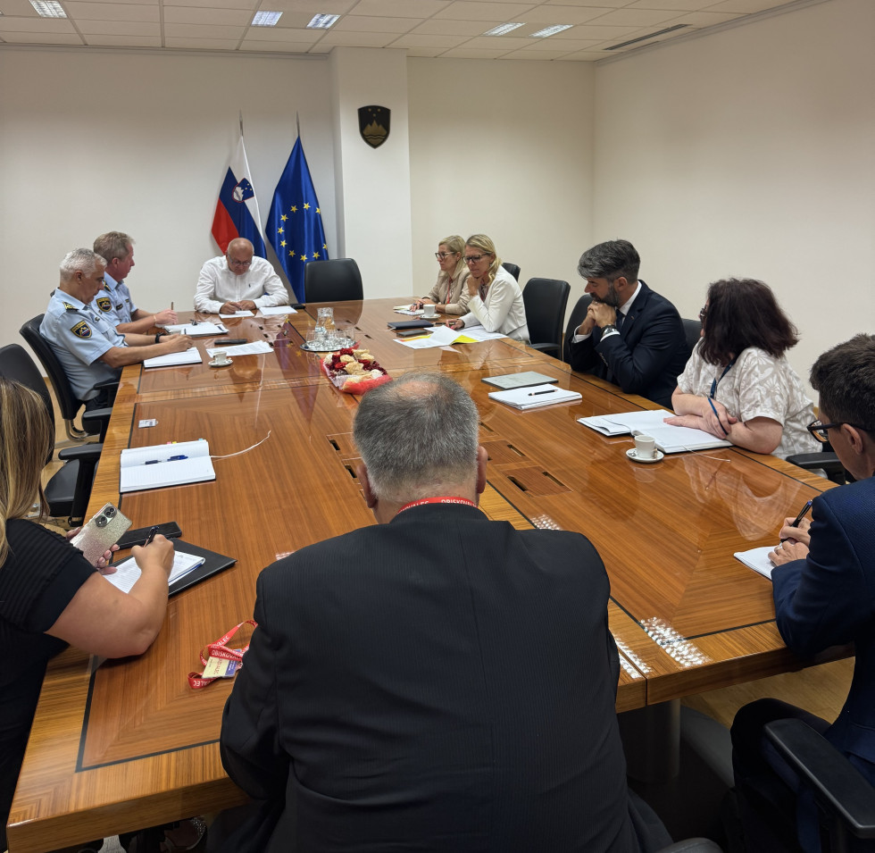 Udeleženci sestanka sedijo za dolgo mizo in se pogovarjajo, v ozadju sta slovenska in evropska zastava.